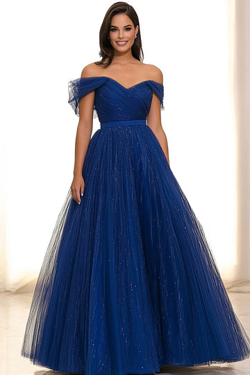 Glitter Royal Blue Off the Shoulder Pleated A Line Gala Dress